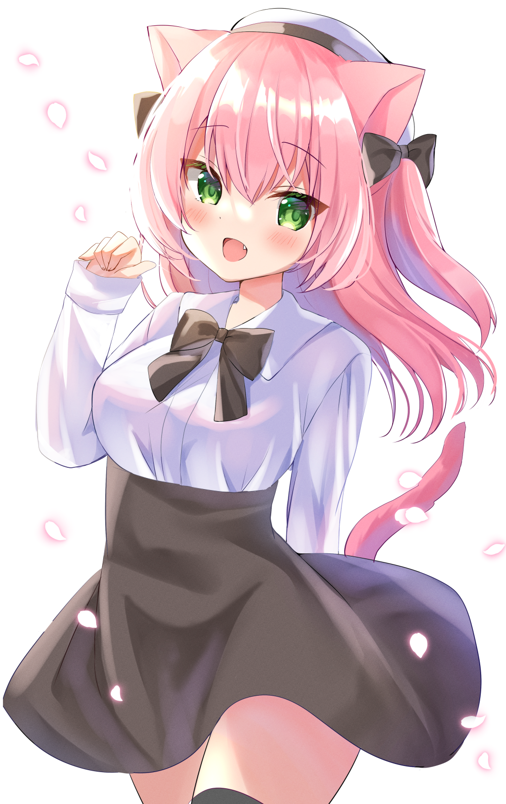 1girl :d animal_ears bangs beret black_bow black_legwear black_skirt blush bow breasts cat_ears cat_girl cat_tail collared_shirt commentary_request dress_shirt eyebrows_visible_through_hair fang green_eyes hair_between_eyes hair_bow hamikoron hand_up hat high-waist_skirt highres long_hair long_sleeves looking_at_viewer medium_breasts open_mouth original pink_hair shirt simple_background skirt sleeves_past_wrists smile solo tail tail_raised thigh-highs two_side_up white_background white_headwear white_shirt