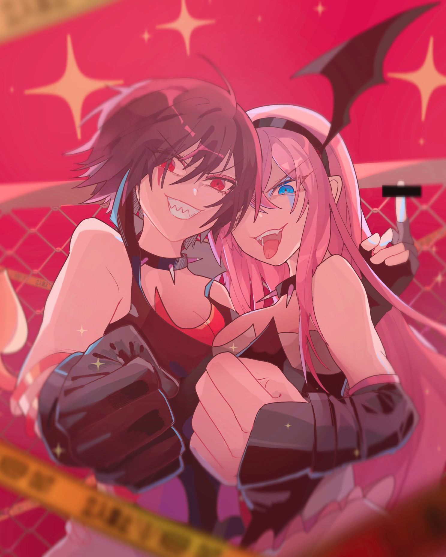 2girls bar_censor black_gloves blue_eyes blurry blurry_foreground breasts brown_hair caution_tape censored choker clenched_hand commentary foreshortening gloves grin hairband highres linch long_hair looking_at_viewer medium_breasts megurine_luka meiko middle_finger multiple_girls open_mouth pink_hair red_eyes ring_no_seraph_(vocaloid) sharp_teeth short_hair smile sparkle spiked_choker spikes teeth tongue tongue_out upper_body v-shaped_eyebrows vocaloid wing_hair_ornament wrestling_outfit