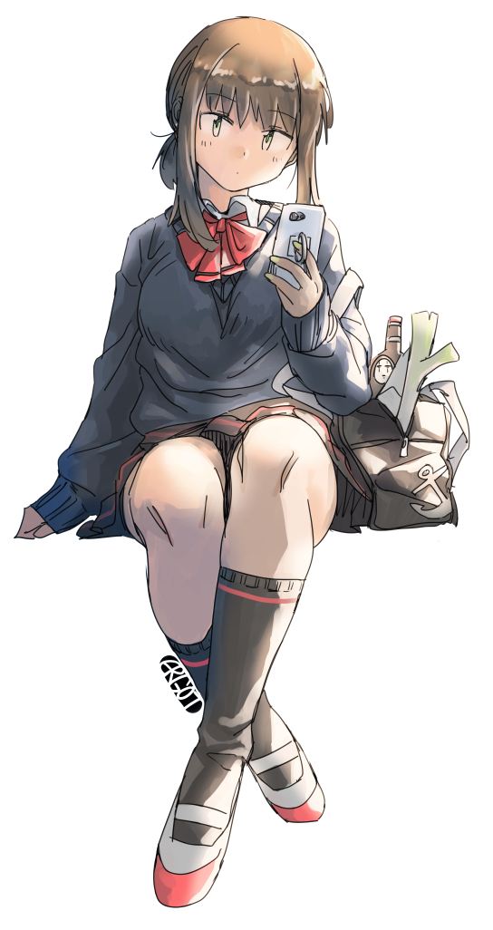 1girl alternate_costume bag bangs black_legwear black_skirt bottle breasts brown_hair cellphone crossed_legs ergot eyebrows_visible_through_hair food fubuki_(kancolle) holding holding_phone kantai_collection kneehighs long_sleeves looking_at_viewer low_ponytail phone pleated_skirt ponytail red_neckwear short_ponytail sidelocks signature simple_background sitting skirt smartphone solo spring_onion vegetable white_background