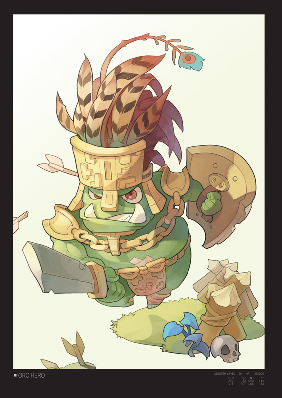 1boy armor arrow_(projectile) black_border border broken_arrow chain character_name chibi clenched_teeth commentary_request crown english_text feathers fence full_body grass holding holding_shield holding_sword holding_weapon loincloth looking_at_viewer male_focus orc orc_hero pauldrons plant ragnarok_online red_eyes shield shoulder_armor skull solo sword teeth tennohi typo weapon white_background wood