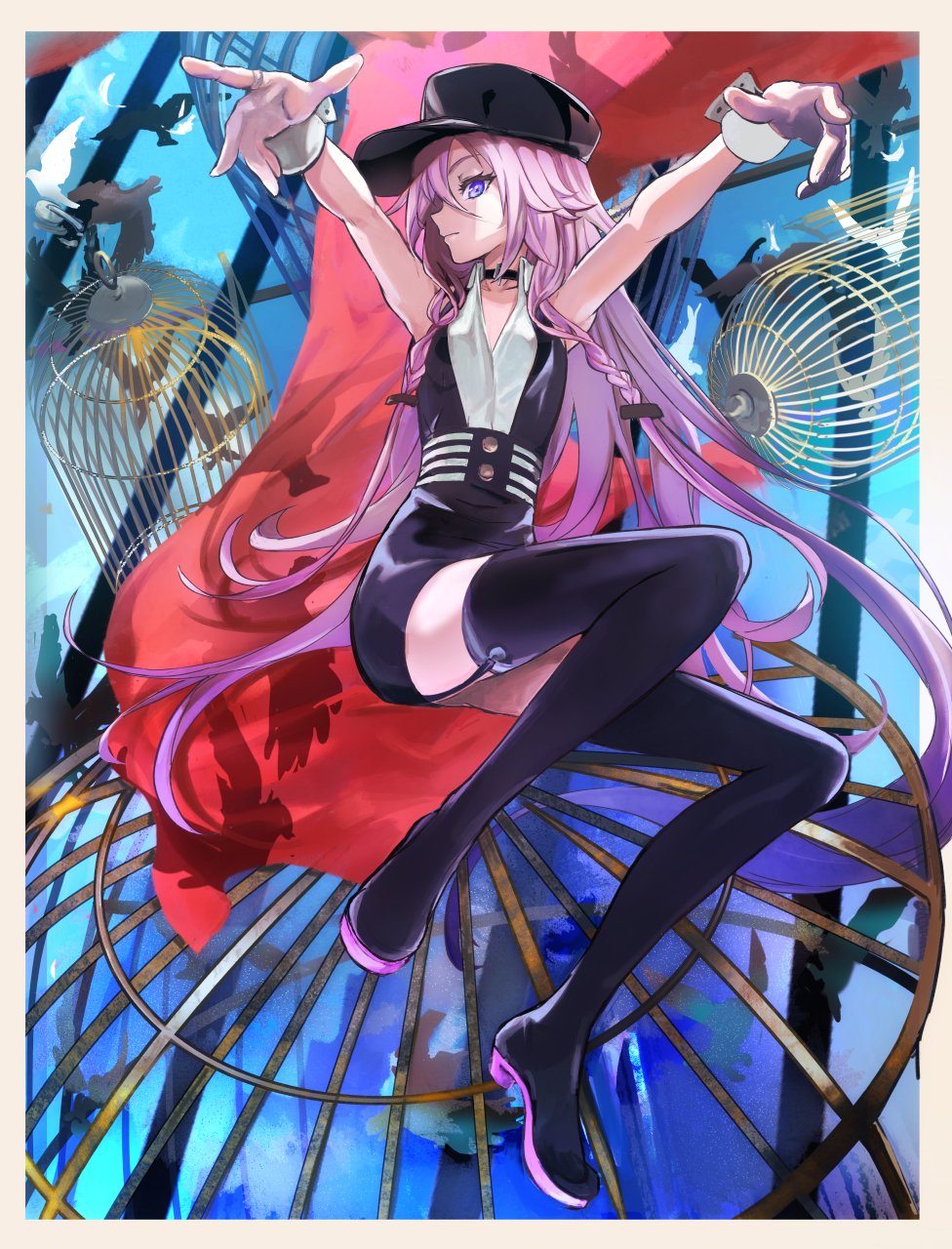 1girl andedalive bird birdcage black_dress black_headwear black_legwear blue_eyes boots braid cage cevio commentary conqueror_(cevio) dress english_commentary full_body head_tilt highres ia_(vocaloid) long_hair looking_at_viewer outstretched_arms pink_hair sideways_glance sleeveless sleeveless_dress solo thigh-highs thigh_boots twin_braids very_long_hair vocaloid wrist_cuffs