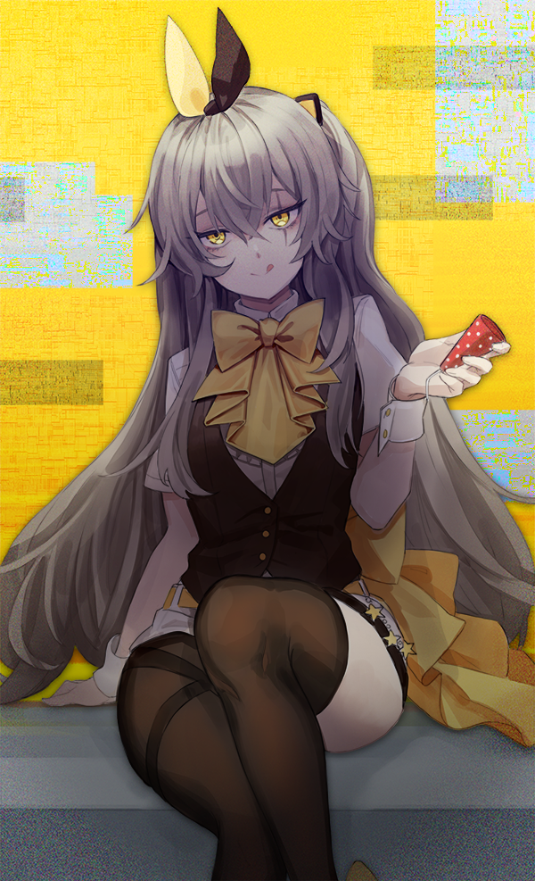 1girl bangs black_legwear bow bowtie brown_hair brown_vest closed_mouth crossed_legs dano eyebrows_visible_through_hair girls_frontline grey_hair hair_ornament holding_party_popper long_hair looking_at_viewer scar scar_across_eye shirt simple_background sitting smile solo thigh-highs tongue tongue_out ump45_(girls_frontline) vest white_shirt yellow_eyes yellow_neckwear