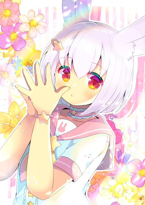 1girl animal_ear_fluff animal_ears bangs blush character_request choker closed_mouth collarbone eyebrows_visible_through_hair floral_background flower hair_between_eyes hair_ornament hairclip hands_up indie_virtual_youtuber kouu_hiyoyo looking_at_viewer pink_choker pink_flower pink_sailor_collar purple_flower purple_hair rabbit_ears red_eyes sailor_collar shirt short_sleeves silver_hair solo star_(symbol) star_hair_ornament steepled_fingers striped striped_background vertical_stripes virtual_youtuber white_flower white_shirt yellow_flower yellow_neckwear