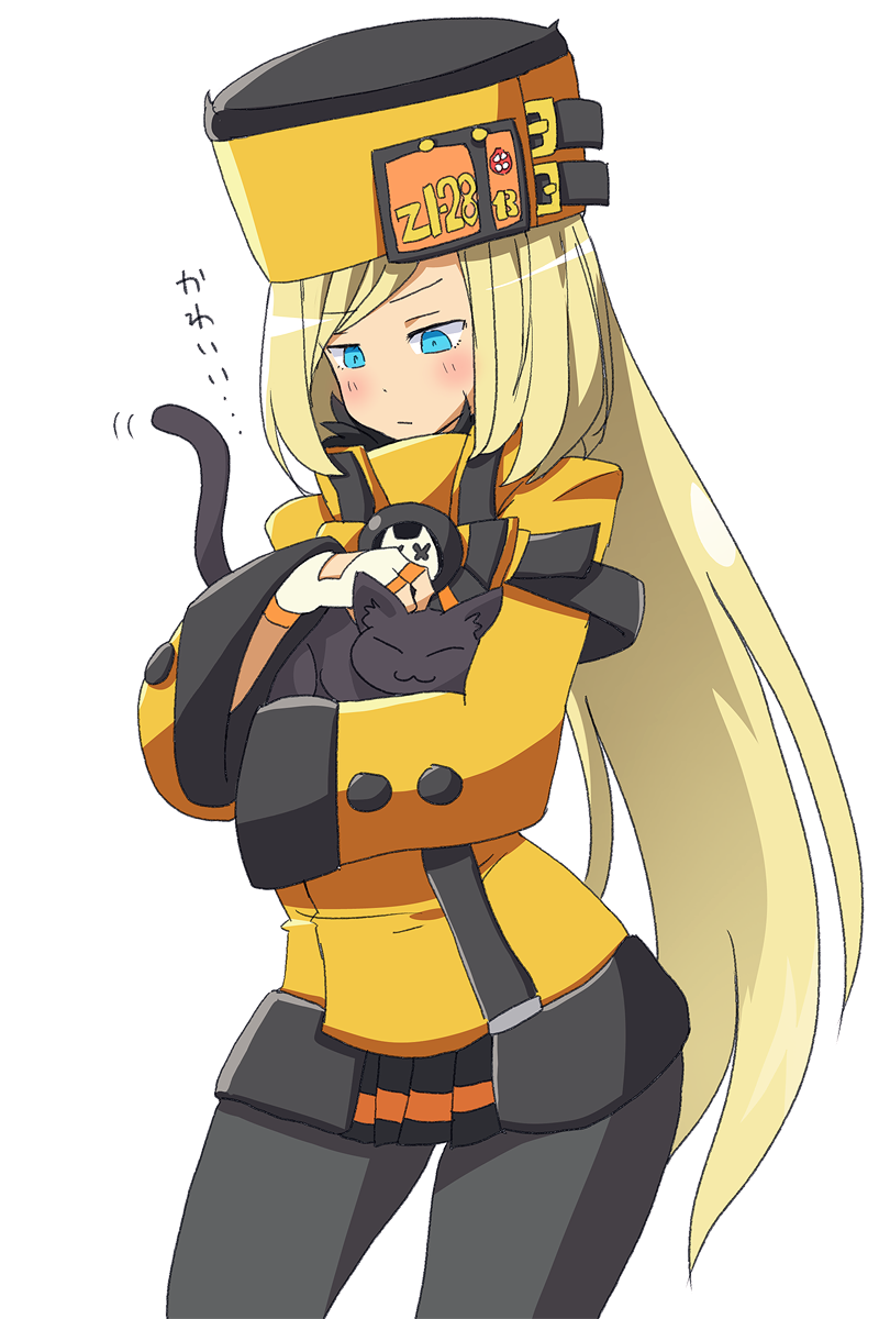 1girl 966 animal black_legwear blonde_hair blue_eyes cat guilty_gear guilty_gear_xrd hat highres holding holding_animal holding_cat long_hair millia_rage yellow_headwear