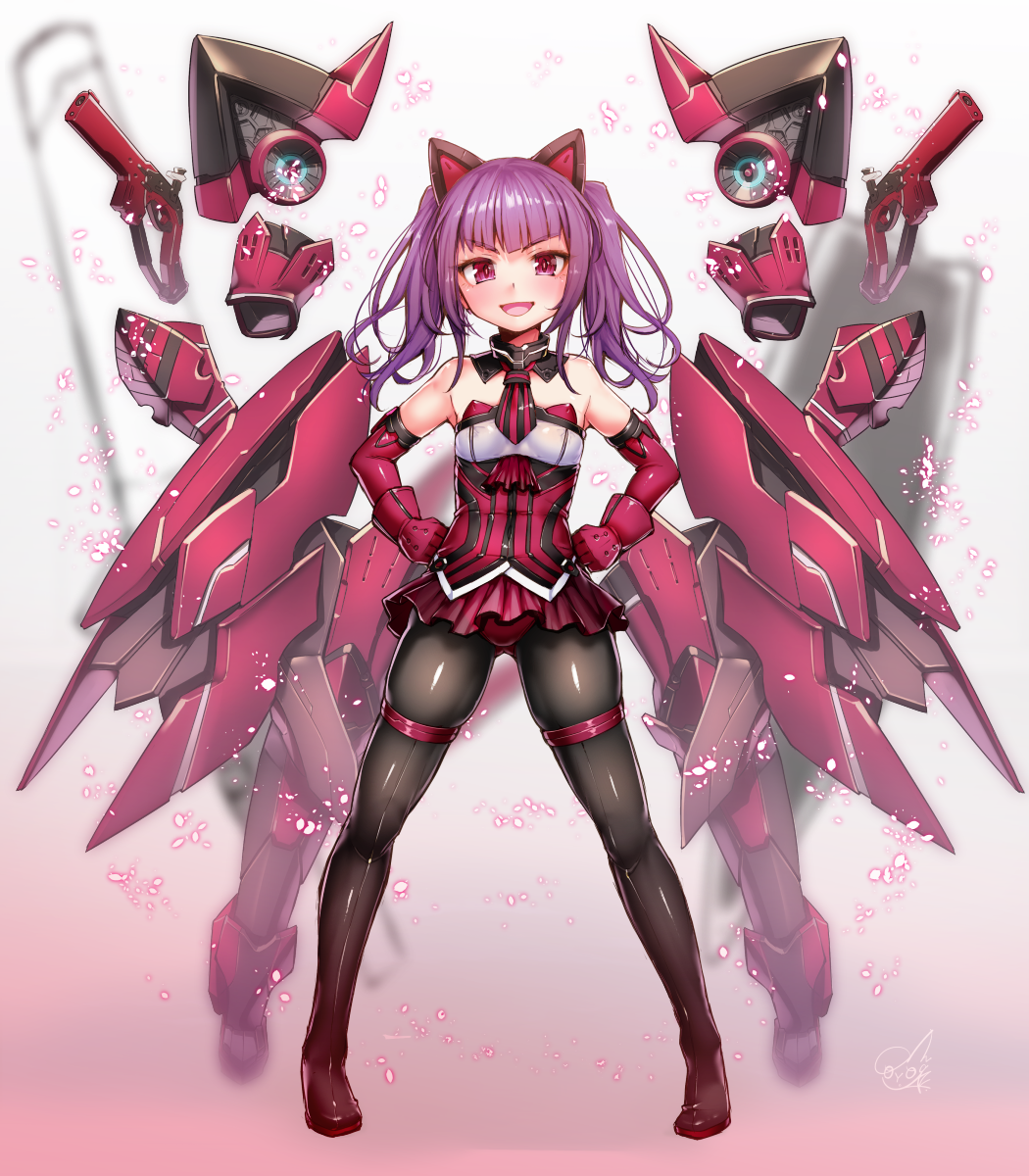 1girl alice_gear_aegis bare_shoulders black_legwear breasts commentary_request doyagao doyouwantto dress fake_tail floating floating_object floating_weapon gun hands_on_hips highres ichijou_ayaka looking_at_viewer mecha_musume open_mouth pantyhose pink_hair red_dress red_eyes signature skindentation small_breasts smug solo tail weapon
