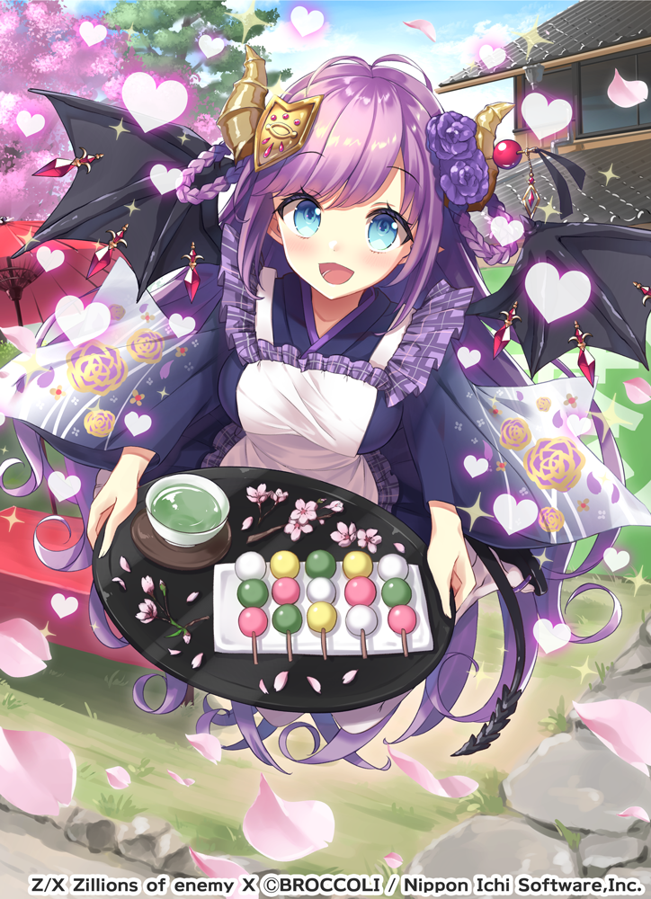 1girl apron bangs blue_eyes blush building cherry_blossoms dango eyebrows_visible_through_hair flower food hair_flower hair_ornament heart horns japanese_clothes long_hair looking_at_viewer oil-paper_umbrella open_mouth purple_hair solo tail umbrella wagashi watermark wings yaki_mayu z/x