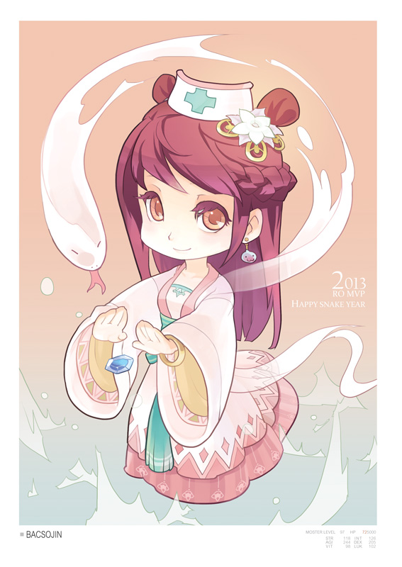 1girl :3 blush border brown_background brown_eyes brown_hair character_name chibi chinese_clothes chinese_zodiac closed_mouth commentary_request dated dress earrings flower full_body gem gradient gradient_background hair_flower hair_ornament hat jewelry long_hair looking_at_viewer nurse_cap poring ragnarok_online smile snake solo stats tennohi white_border white_dress white_flower white_lady_(ragnarok_online) white_snake wide_sleeves year_of_the_snake