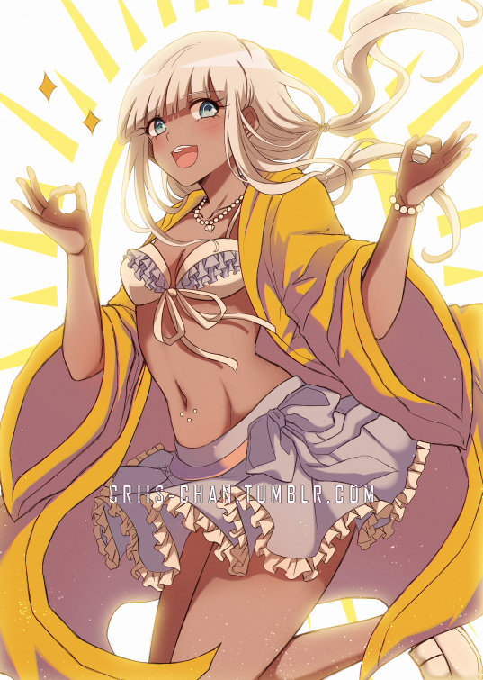 1girl :d bangs bikini blue_eyes blush bracelet breasts criis-chan dangan_ronpa_(series) dangan_ronpa_v3:_killing_harmony dark_skin dark-skinned_female floating_hair frilled_bikini frilled_skirt frills from_side hands_up jacket jewelry long_hair looking_at_viewer navel necklace open_clothes open_jacket open_mouth skirt smile solo swimsuit tumblr_username twintails upper_teeth yonaga_angie