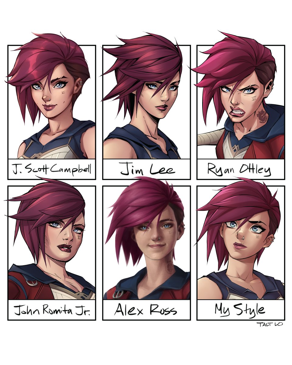 1girl angry arcane:_league_of_legends arcane_vi bare_shoulders character_name clenched_teeth collarbone grey_eyes hair_between_eyes highres jacket league_of_legends multiple_style_parody multiple_views neck_tattoo nose_piercing outside_border parody piercing red_jacket redhead shirt short_hair simple_background style_parody swept_bangs talt_lo tattoo teeth vi_(league_of_legends) white_background white_shirt