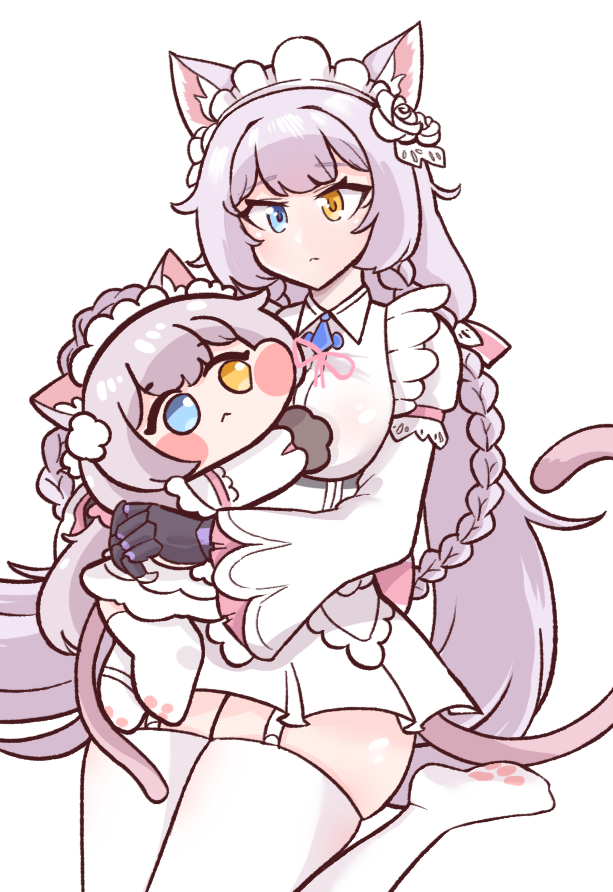 2girls :&lt; animal_ear_fluff animal_ears bangs blue_eyes blush_stickers breasts bulga cat_ears cat_girl cat_tail chibi cs_perrault dual_persona eyebrows_visible_through_hair heterochromia hug last_origin maid_headdress minigirl multiple_girls silver_hair simple_background tail thigh-highs white_background white_legwear yellow_eyes