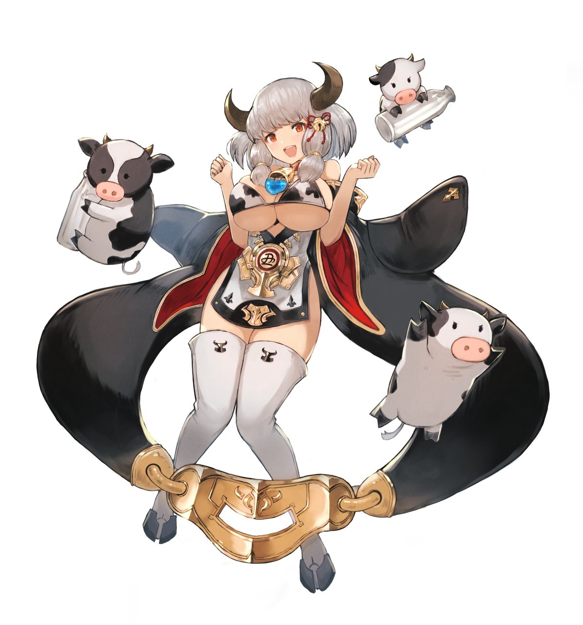 1girl animal_print bangs bell bikini black_footwear black_sleeves blackball boots bottle breasts chinese_zodiac commentary cow cow_boy cow_girl cow_horns cow_print detached_sleeves dress floating full_body grey_hair hair_bell hair_ornament highres hoof_shoes horns jingle_bell large_breasts looking_at_viewer medium_hair microdress milk_bottle new_year open_mouth print_bikini red_eyes sidelocks simple_background smile solo standing swimsuit thigh-highs thigh_boots w_arms white_background white_dress year_of_the_ox