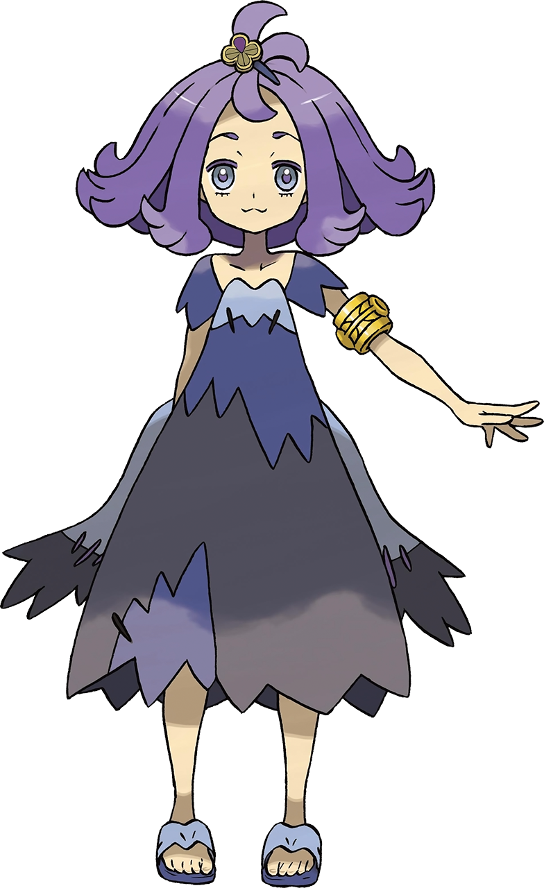 1girl :3 acerola_(pokemon) arm_behind_back armlet bangs closed_mouth collarbone dress elite_four eyelashes full_body grey_eyes hair_ornament highres looking_at_viewer medium_hair multicolored multicolored_clothes multicolored_dress official_art pokemon pokemon_(game) pokemon_sm purple_hair sandals short_sleeves smile solo standing stitches sugimori_ken toes topknot transparent_background