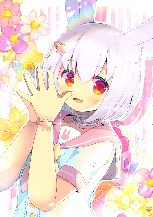 1girl :d animal_ear_fluff animal_ears bangs blush character_request choker collarbone commentary_request eyebrows_visible_through_hair floral_background flower hair_between_eyes hair_ornament hairclip hands_up indie_virtual_youtuber kouu_hiyoyo looking_at_viewer open_mouth pink_choker pink_flower pink_sailor_collar purple_flower purple_hair rabbit_ears red_eyes sailor_collar shirt short_sleeves silver_hair smile solo star_(symbol) star_hair_ornament steepled_fingers striped striped_background vertical_stripes virtual_youtuber white_flower white_shirt yellow_flower yellow_neckwear
