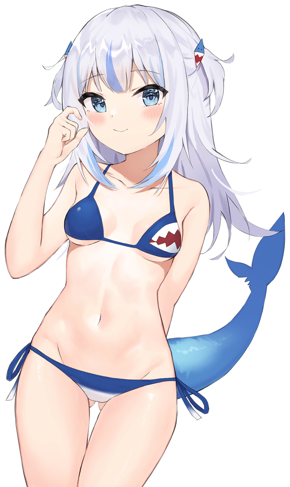 1girl ass_visible_through_thighs bangs bikini blue_bikini blue_eyes blunt_bangs breasts cowboy_shot fish_tail gawr_gura groin highres hololive hololive_english kohikan long_hair looking_at_viewer multicolored_hair print_bikini shark_tail side-tie_bikini silver_hair simple_background small_breasts smile solo streaked_hair swimsuit tail two_side_up virtual_youtuber white_background