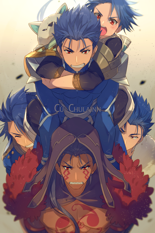 &gt;_&lt; 1other 5boys :d abs angry asymmetrical_bangs bangs blue_hair bodypaint bodysuit character_name child cis05 closed_mouth cu_chulainn_(fate)_(all) cu_chulainn_(fate/grand_order) cu_chulainn_(fate/prototype) cu_chulainn_alter_(fate/grand_order) dark_blue_hair dark_persona dog earrings facepaint fang fate/grand_order fate/grand_order_arcade fate/stay_night fate_(series) grin hands_on_shoulders hood hood_up hug hug_from_behind jewelry lancer long_hair looking_at_another male_focus multiple_boys multiple_persona muscular muscular_male open_mouth pectorals ponytail puppy red_eyes setanta_(fate) sharp_teeth shirtless skin_tight smile spiky_hair tan teeth xd