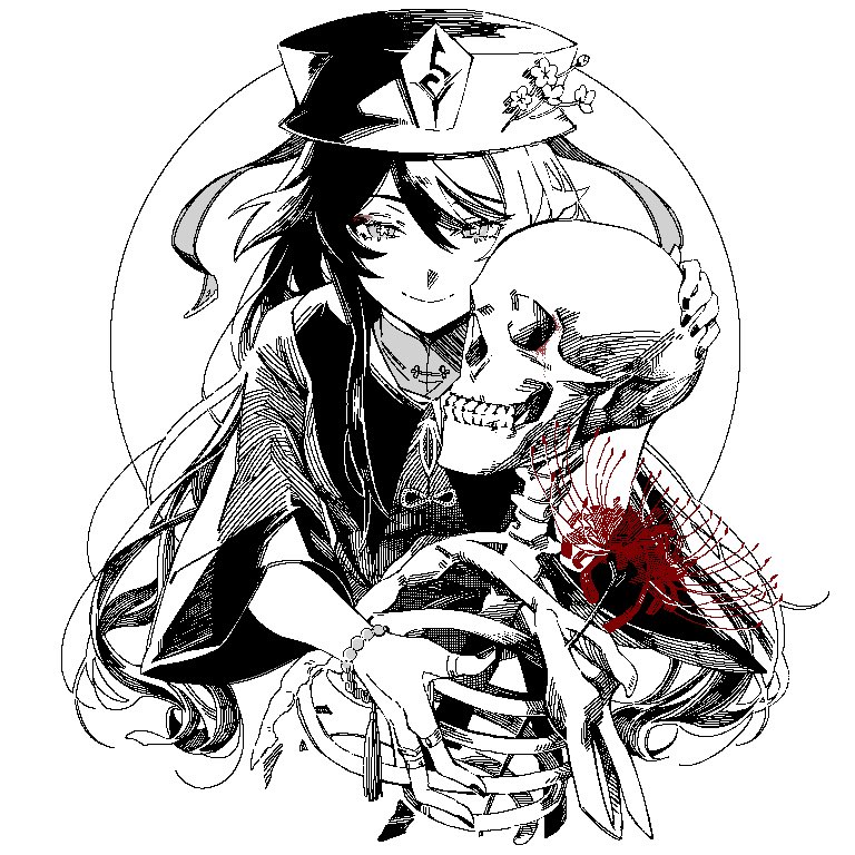 1girl bangs bead_bracelet beads bracelet chinese_clothes flower flower-shaped_pupils genshin_impact greyscale hair_between_eyes hat hat_flower hu_tao jewelry lebruitestmoi long_hair looking_at_viewer monochrome multiple_rings nail_polish red_flower ring simple_background skeleton smile solo spider_lily spot_color tassel upper_body wide_sleeves