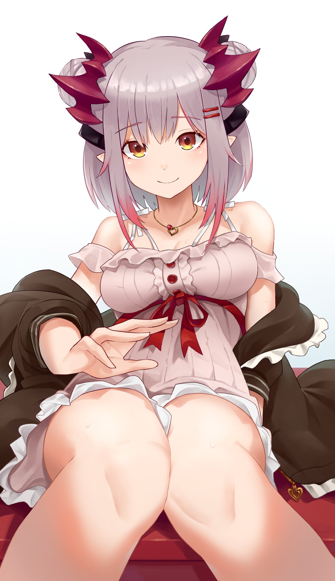 1girl bare_legs bare_shoulders breasts coat commentary_request demon_girl dress eyebrows_visible_through_hair gradient_hair hair_ornament hairclip highres honey_strap horns jewelry kaguya_(srx61800) lap_pillow_invitation looking_at_viewer medium_breasts multicolored_hair necklace patting_lap pointy_ears ribbon simple_background sitting smile solo suou_patra virtual_youtuber white_background yellow_eyes