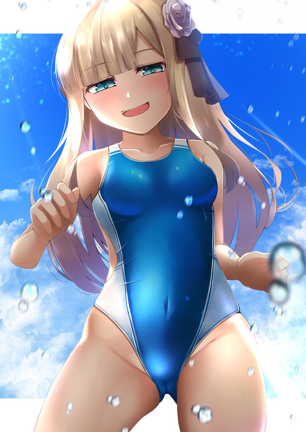 1girl aqua_eyes bangs bare_shoulders blonde_hair blue_sky blue_swimsuit blush breasts collarbone covered_navel fate_(series) flower grey_flower hair_flower hair_ornament highleg highleg_swimsuit highres kuro_yanagi long_hair looking_at_viewer lord_el-melloi_ii_case_files one-piece_swimsuit open_mouth reines_el-melloi_archisorte sky small_breasts smile swimsuit thighs