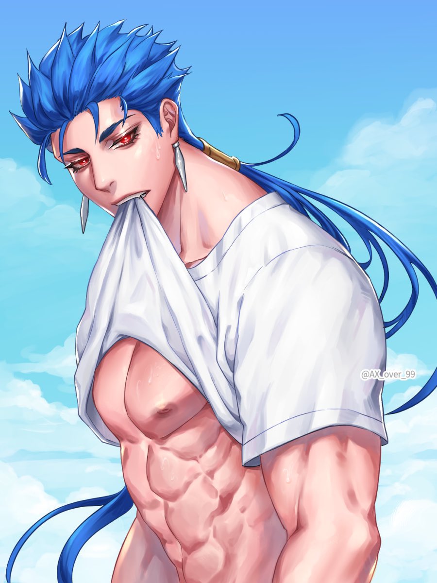 1boy abs alternate_costume ax_over_99 beads blue_hair blue_sky cu_chulainn_(fate)_(all) earrings fang fate/stay_night fate_(series) floating_hair hair_beads hair_ornament highres jewelry lancer long_hair looking_down looking_to_the_side male_focus muscular muscular_male nipples pectorals ponytail red_eyes shirt shirt_in_mouth shirt_lift short_sleeves sky solo spiky_hair t-shirt twitter_username