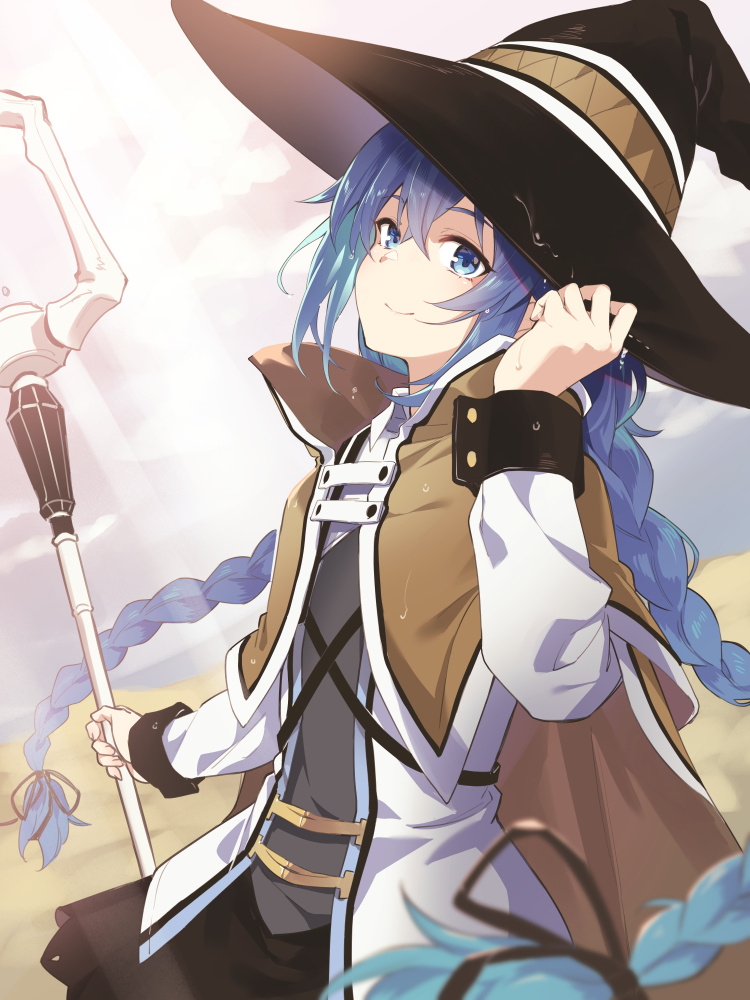 1girl asutora black_headwear blue_eyes blue_hair braid brown_cape cape closed_mouth commentary eyebrows_visible_through_hair hair_between_eyes hat holding holding_staff long_hair long_sleeves looking_at_viewer mushoku_tensei roxy_migurdia smile solo staff twin_braids wet wet_clothes witch_hat