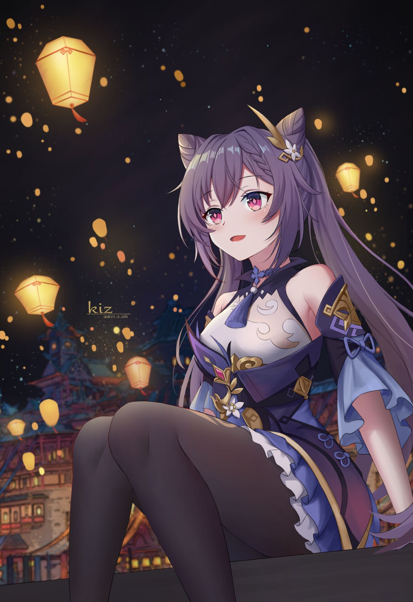 1girl bare_shoulders black_legwear breasts building double_bun dress flower frilled_dress frilled_skirt frilled_sleeves frills genshin_impact gloves hair_bun hair_flower hair_ornament highres keqing_(genshin_impact) kiz_mk lantern lantern_festival night night_sky open_mouth pantyhose sitting skirt sky smile solo twintails violet_eyes