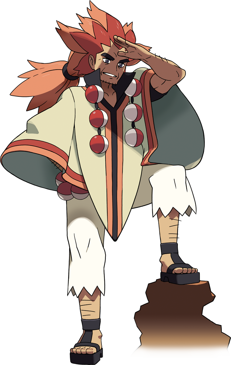 1boy alder_(pokemon) arm_hair black_footwear collarbone full_body grey_eyes hair_tie highres leg_hair leg_up long_hair male_focus multicolored_hair official_art oomura_yuusuke orange_hair pants parted_lips poke_ball pokemon pokemon_(game) pokemon_bw poncho popped_collar redhead sandals smile solo standing tied_hair toes two-tone_hair white_pants