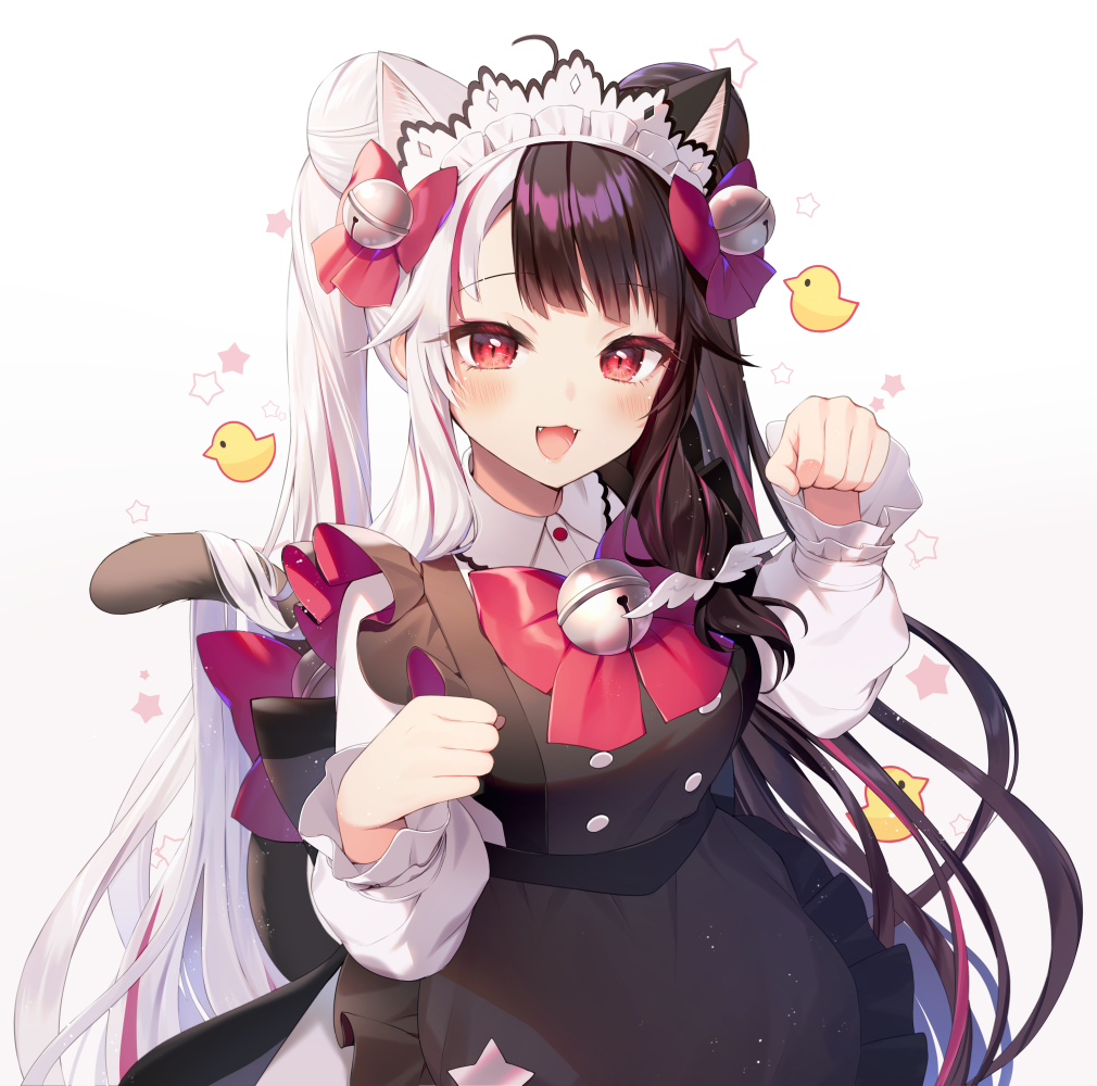 1girl :d ahoge animal_ears apron bangs bell black_apron black_dress black_hair blush bow bowtie breasts cat_ears cat_tail commentary_request double_bun dress fangs jingle_bell long_hair long_sleeves looking_at_viewer maid maid_headdress medium_breasts momoshiki_tsubaki multicolored_hair nijisanji open_mouth paw_pose red_bow red_eyes red_neckwear redhead silver_hair simple_background smile solo star_(symbol) streaked_hair tail upper_body very_long_hair virtual_youtuber white_background white_headwear yorumi_rena