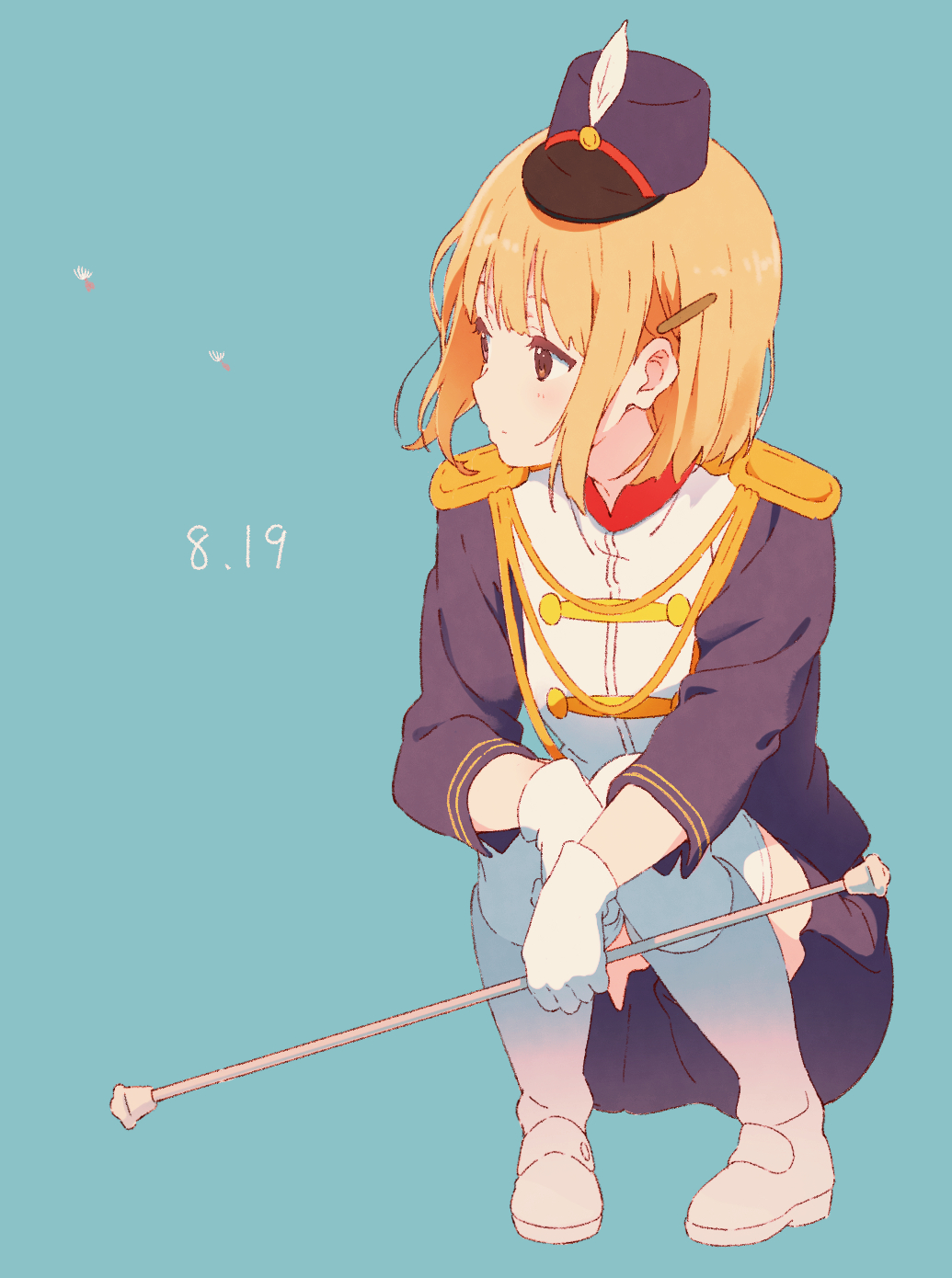 1girl band_uniform blonde_hair blue_background blue_headwear blush brown_eyes closed_mouth dated epaulettes expressionless feathers gloves hat highres long_sleeves looking_to_the_side medium_hair peaked_cap shirt shoes simple_background socks solo squatting tamako_market tesseract_(retr0_0o) tokiwa_midori uniform white_footwear white_gloves white_legwear