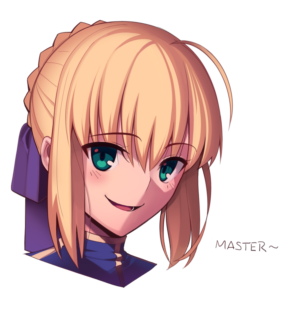 1girl ahoge artoria_pendragon_(all) blonde_hair boa_(brianoa) commentary fate/stay_night fate_(series) green_eyes hair_ribbon looking_at_viewer open_mouth ribbon saber short_hair smile solo transparent_background