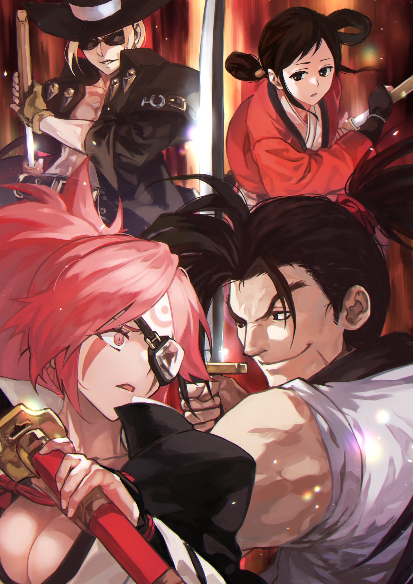 2boys 2girls baiken bakumatsu_rouman black_hair crossover eyepatch guilty_gear haoumaru highres johnny_(guilty_gear) katana long_hair multiple_boys multiple_girls otsudou ponytail samurai_spirits scar scar_on_face sunglasses sword takane_hibiki weapon