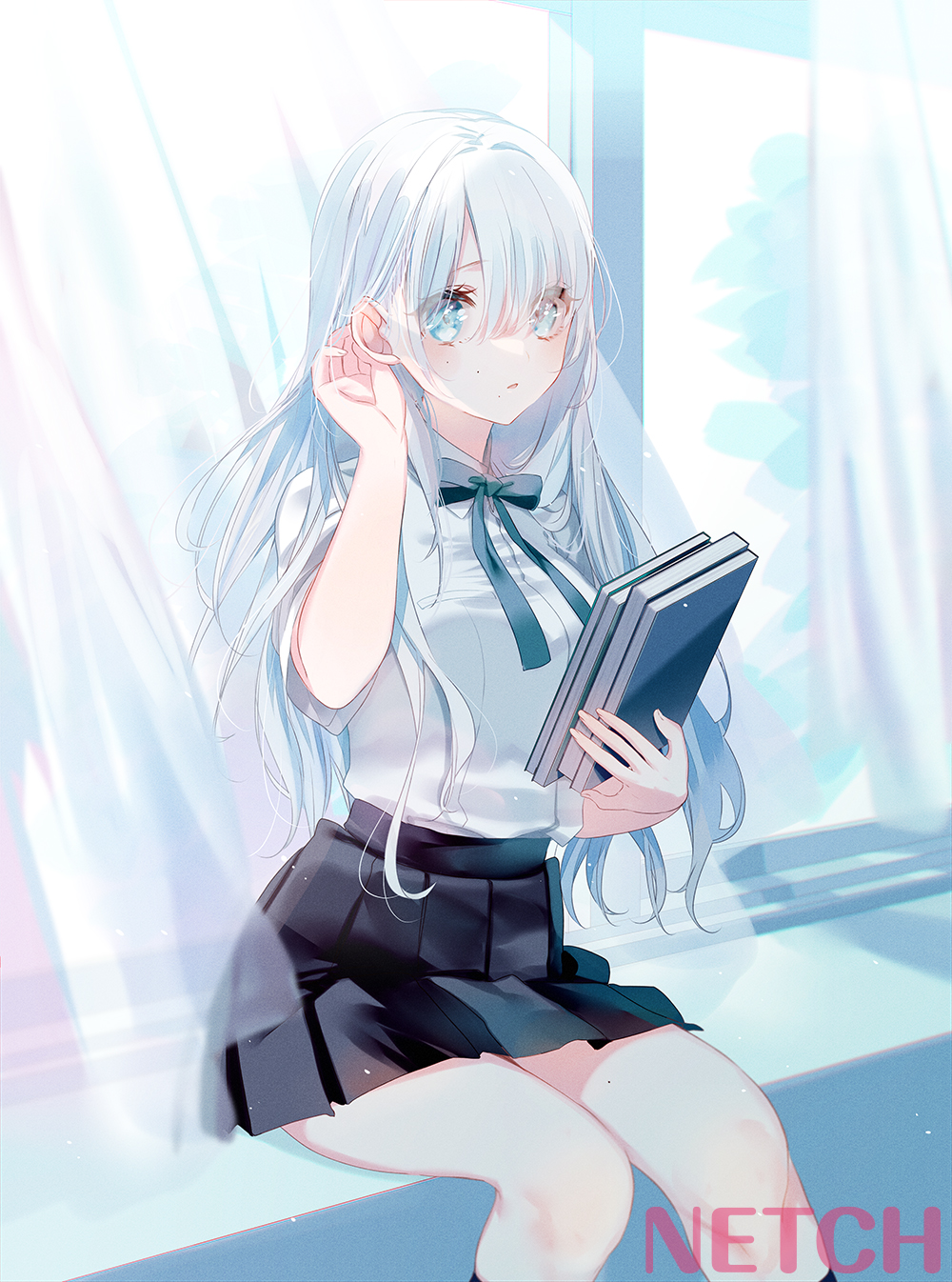 1girl bangs black_legwear black_skirt blue_bow blue_eyes blush book book_stack bow breasts collared_shirt commentary_request curtains dress_shirt eyebrows_visible_through_hair eyes_visible_through_hair feet_out_of_frame hair_over_one_eye hair_tucking hand_up highres holding holding_book medium_breasts misumi_(macaroni) original parted_lips pleated_skirt shirt sitting_in_window skirt socks solo transparent white_hair white_shirt window
