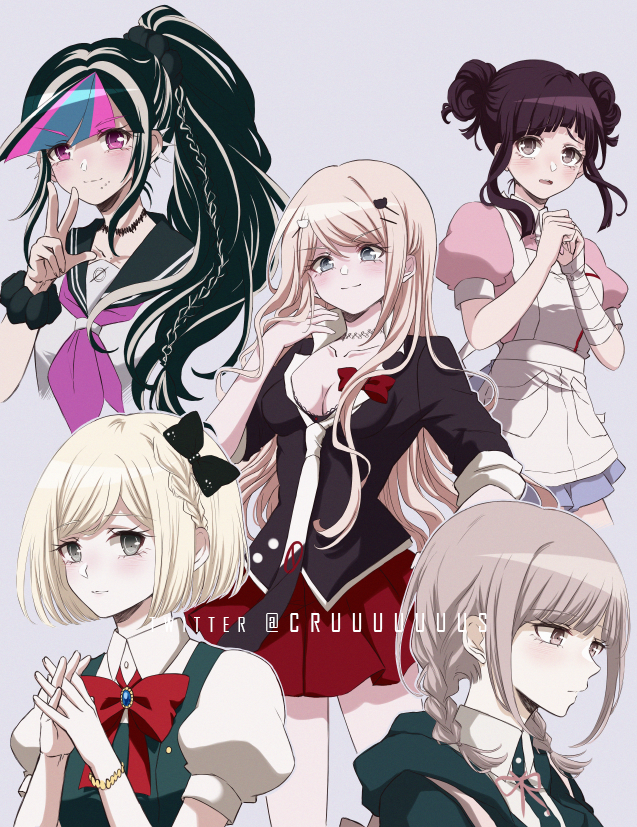 5girls bandages black_hair black_scrunchie blonde_hair braid commentary criis-chan dangan_ronpa:_trigger_happy_havoc dangan_ronpa_(series) dangan_ronpa_2:_goodbye_despair enoshima_junko eyebrows_visible_through_hair hands_clasped hands_together jewelry long_hair mioda_ibuki multicolored_hair multiple_girls nail_polish nanami_chiaki own_hands_together pink_eyes pink_hair ponytail scrunchie side_braid sonia_nevermind tsumiki_mikan twin_braids