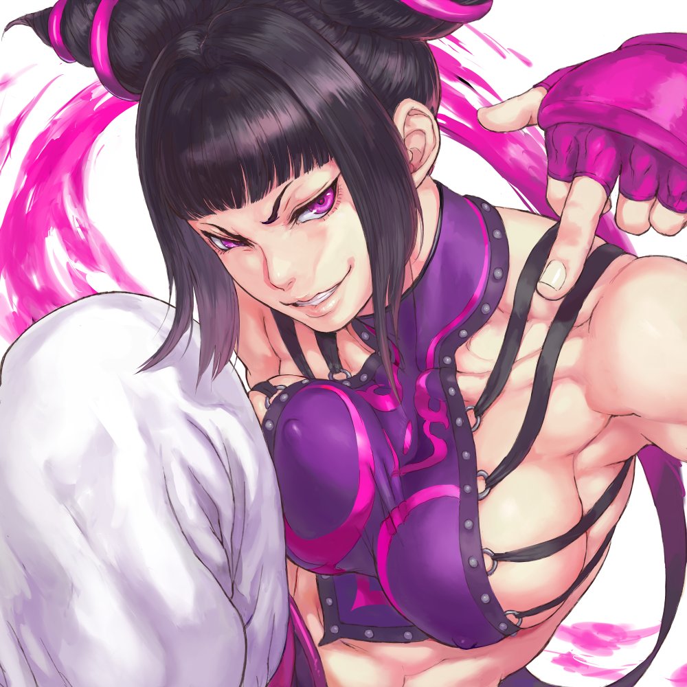 1girl abs baggy_pants bangs breasts covered_nipples drill_hair fingerless_gloves gloves halter_top halterneck han_juri large_breasts lips middle_finger muscular muscular_female pants parted_lips shu-mai simple_background solo street_fighter street_fighter_iv_(series) twin_drills violet_eyes white_background