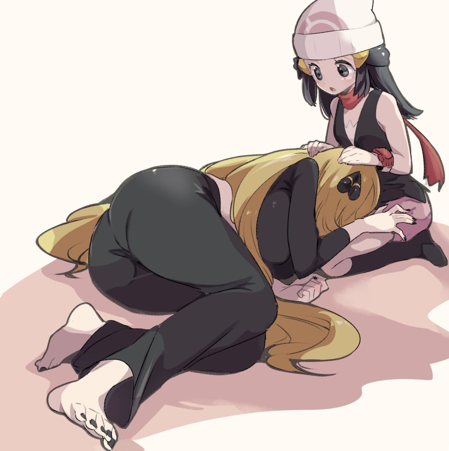 2girls ass barefoot beanie black_nails black_pants blonde_hair chorimokki cynthia_(pokemon) hikari_(pokemon) hand_on_another's_head hat lap_pillow long_hair looking_at_another lying multiple_girls nail_polish on_side pants pink_skirt pokemon pokemon_(game) pokemon_dppt scarf skirt toenail_polish toes very_long_hair