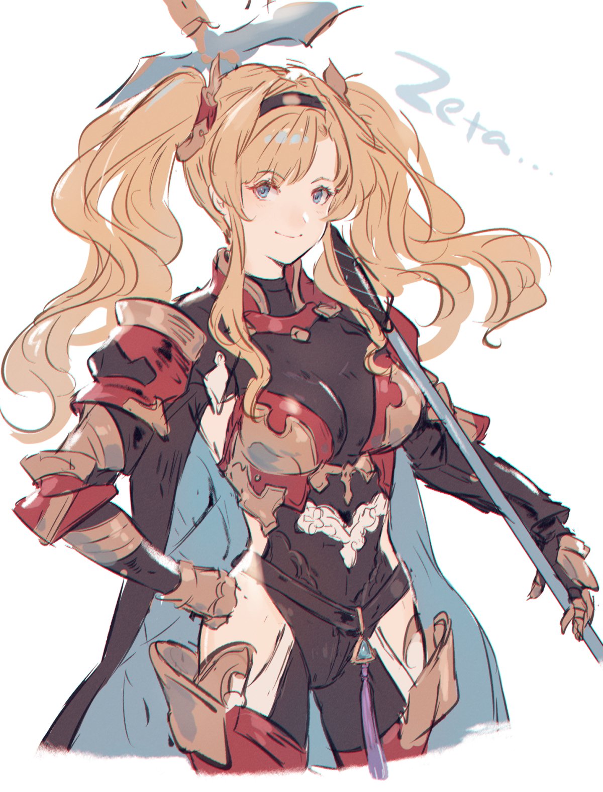 armor blonde_hair eyewear_on_head flower gauntlets granblue_fantasy hairband hibiscus highres leotard looking_at_viewer navel polearm red_armor shawl shimatani_azu simple_background spear twintails weapon white_background zeta_(granblue_fantasy)