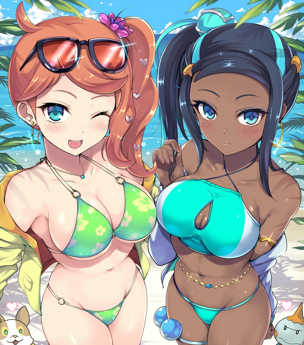 belly_chain black_hair blue_eyes blue_eyeshadow blue_hair dark_skin dark-skinned_female earrings eyeshadow eyewear_on_head green_eyes gym_leader hair_bun hair_ornament heart heart_hair_ornament hoop_earrings jewelry kasai_shin long_hair makeup multicolored_hair nessa_(pokemon) orange_hair pokemon pokemon_(game) pokemon_swsh side_ponytail sonia_(pokemon) sunglasses two-tone_hair