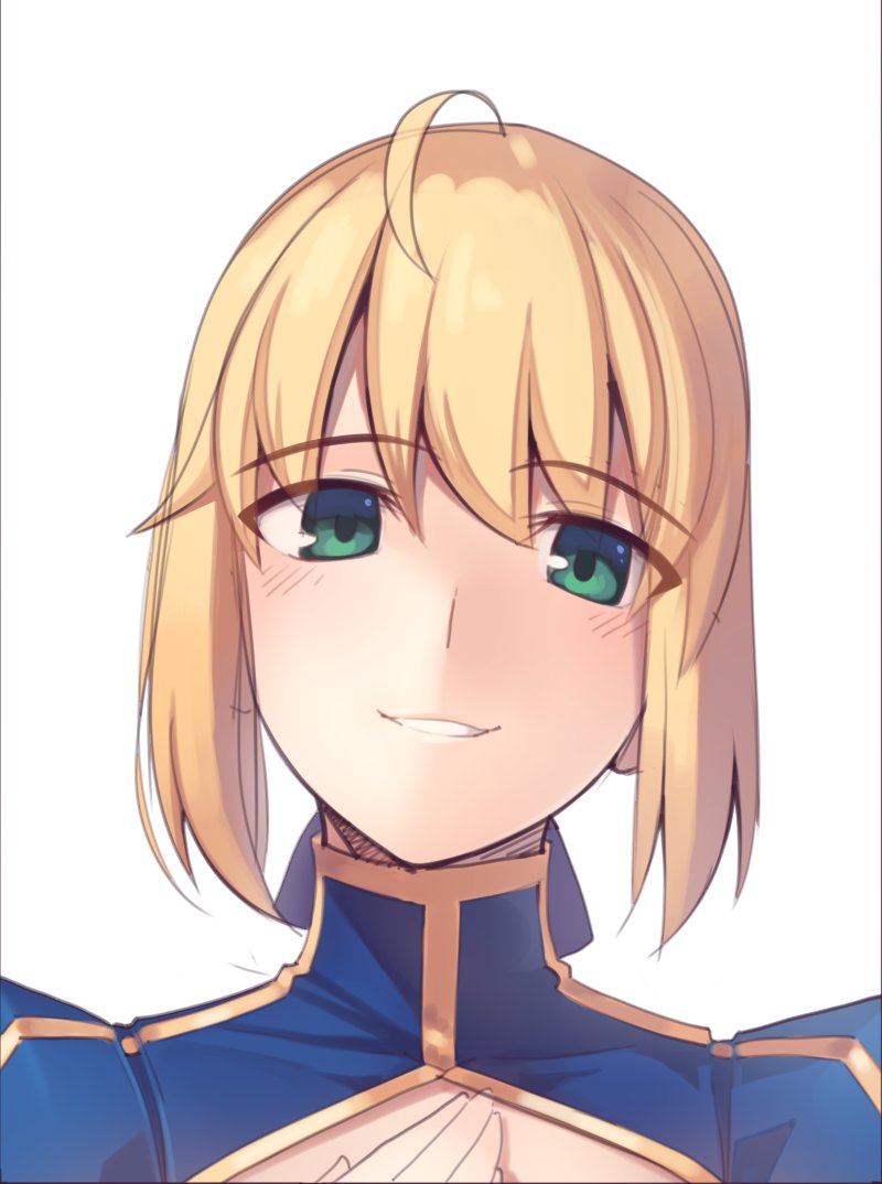 1girl ahoge artoria_pendragon_(all) blonde_hair boa_(brianoa) fate/stay_night fate_(series) green_eyes hair_ribbon looking_at_viewer ribbon saber short_hair simple_background smile solo transparent_background