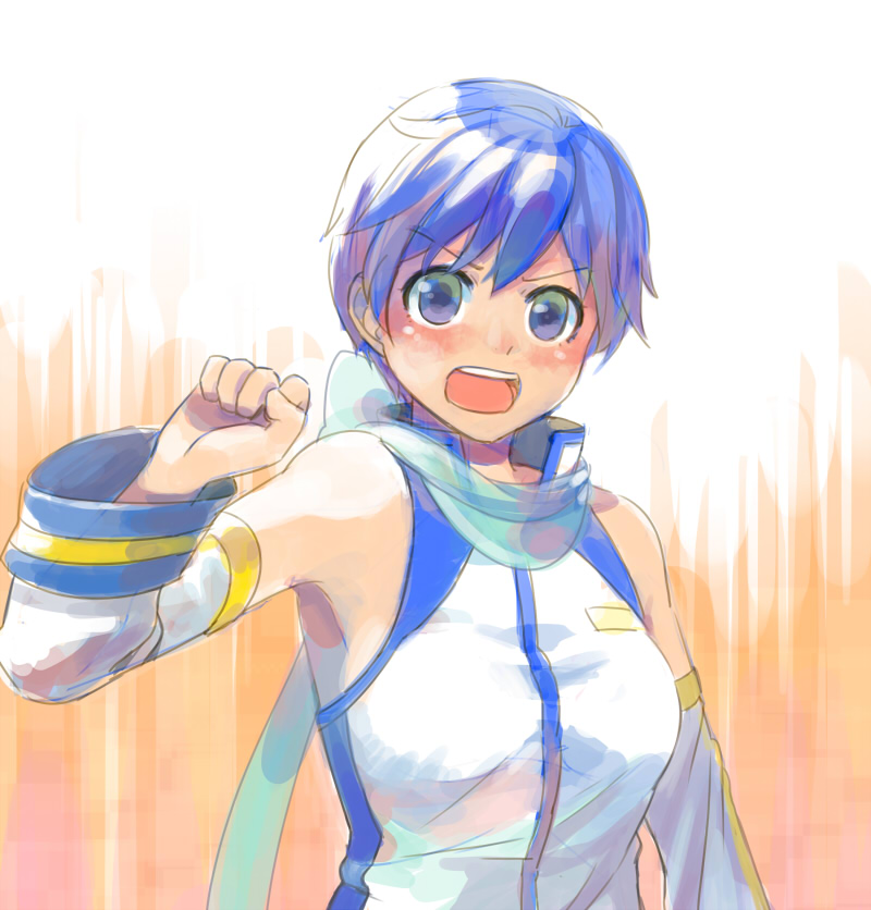 1girl ahoge arm_up armpits bangs bare_shoulders blue_coat blue_eyes blue_hair blue_scarf blush bow breasts clenched_hand coat commentary_request cropped_torso detached_sleeves eyebrows_visible_through_hair gradient_eyes grimay hair_between_eyes kaiko looking_at_viewer medium_breasts multicolored multicolored_clothes multicolored_coat multicolored_eyes open_mouth orange_background scarf scarf_bow shiny shiny_hair short_hair simple_background sleeveless sleeveless_coat solo traditional_media two-tone_background upper_body upper_teeth vocaloid watercolor_(medium) white_background white_coat