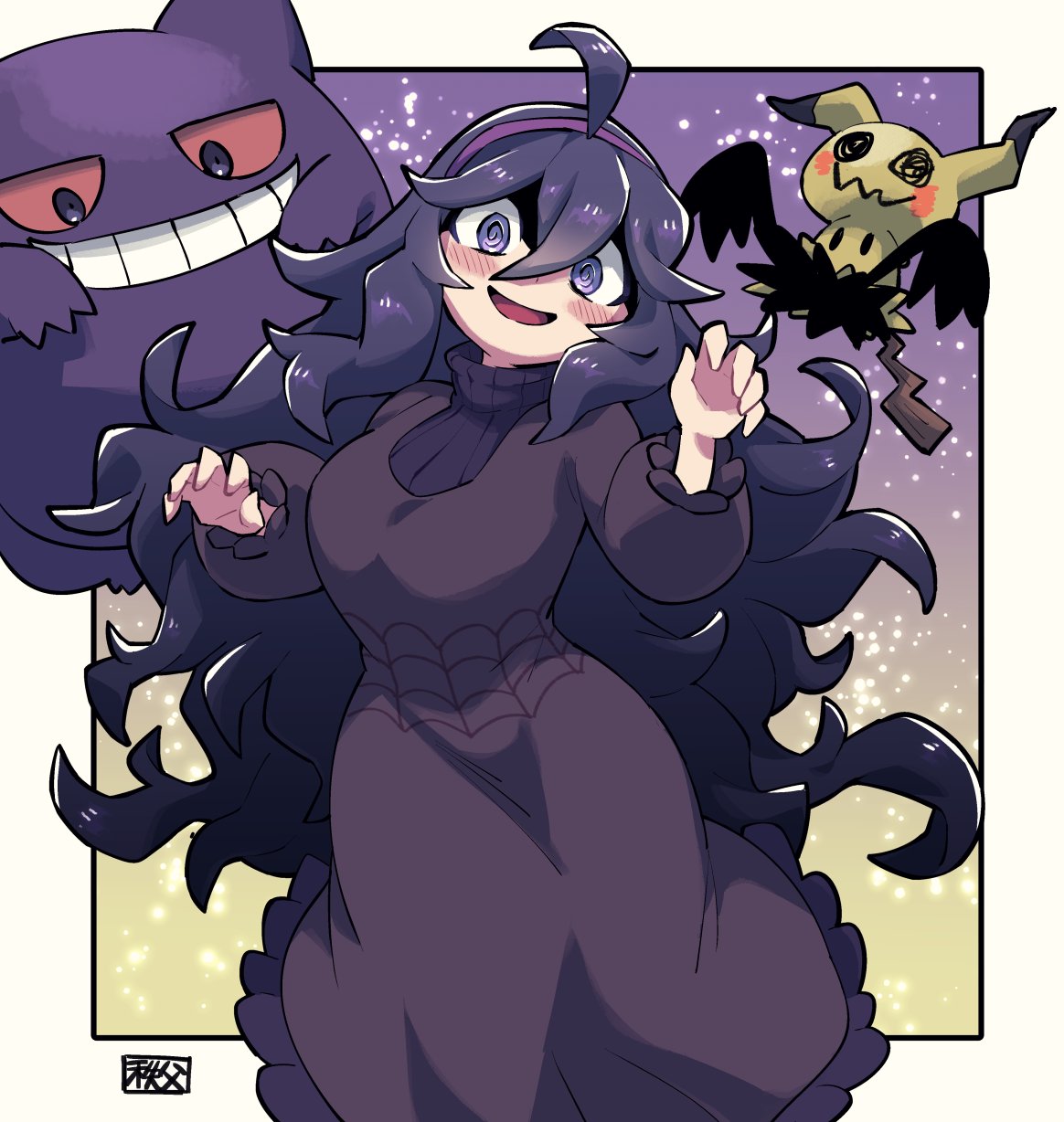 1girl :d @_@ ahoge blush breasts chichibu_(chichichibu) clenched_teeth colored_sclera dress gen_1_pokemon gen_7_pokemon gengar headband hex_maniac_(pokemon) highres large_breasts long_dress long_hair looking_at_viewer mimikyu night night_sky open_mouth pokemon pokemon_(creature) pokemon_(game) pokemon_xy purple_dress purple_hair purple_headband purple_sweater red_sclera ribbed_sweater sky smile sweater teeth violet_eyes