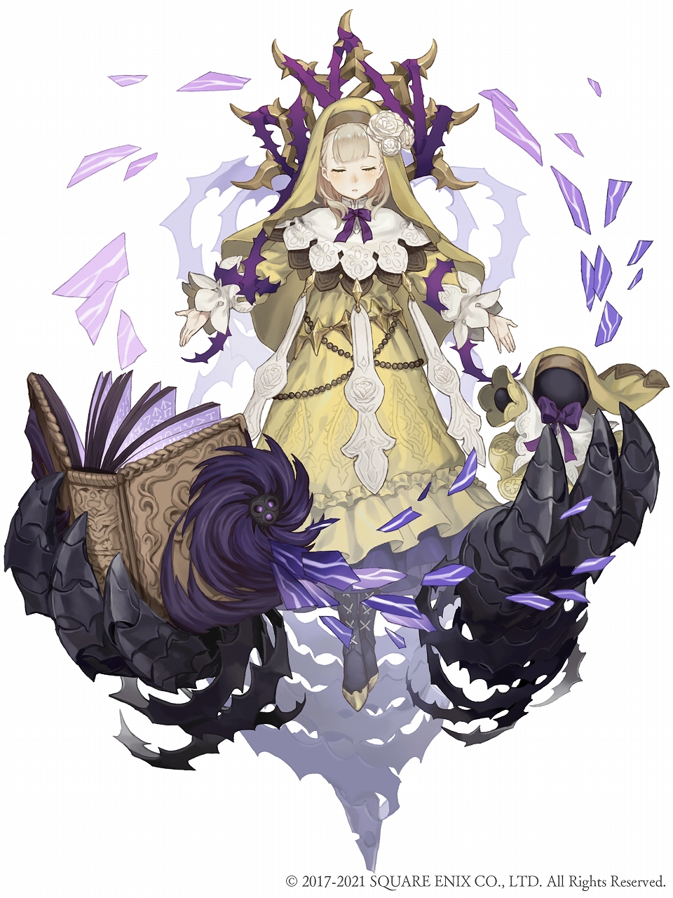 1girl beads blonde_hair book briar_rose_(sinoalice) closed_eyes cross-laced_footwear dress flower frills full_body habit hair_flower hair_ornament highres ji_no looking_at_viewer nun official_art sinoalice solo square_enix stuffed_toy thorns white_background yellow_dress