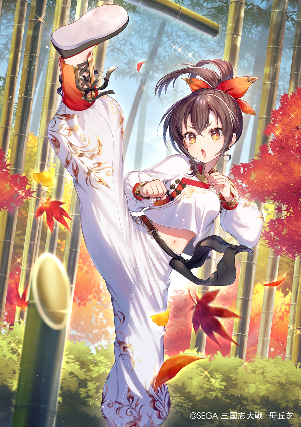 1girl autumn_leaves bamboo bamboo_forest bangs belt black_belt black_footwear breasts brown_eyes brown_hair character_request commentary_request day eyebrows_visible_through_hair forest hair_between_eyes hair_ribbon high_kick kicking leaf leg_up maple_leaf medium_breasts midriff_peek momoshiki_tsubaki nature navel official_art open_mouth outdoors pants ponytail puffy_pants red_ribbon ribbon sangokushi_taisen shirt shoe_soles solo sparkle standing standing_on_one_leg v-shaped_eyebrows white_pants white_shirt
