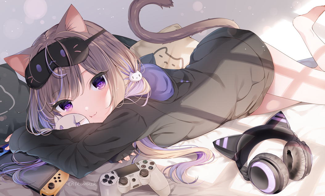 1girl :3 animal_ears bangs barefoot black_sweater brown_hair cat_ears cat_girl cat_hair_ornament cat_tail commentary_request controller eyebrows_visible_through_hair eyepatch eyepatch_lift hair_ornament headphones long_hair long_sleeves looking_at_viewer lying mafuyu_(chibi21) multicolored_hair nintendo_switch no_pants on_stomach original pillow purple_hair sidelocks smile solo sweater tail twitter_username violet_eyes