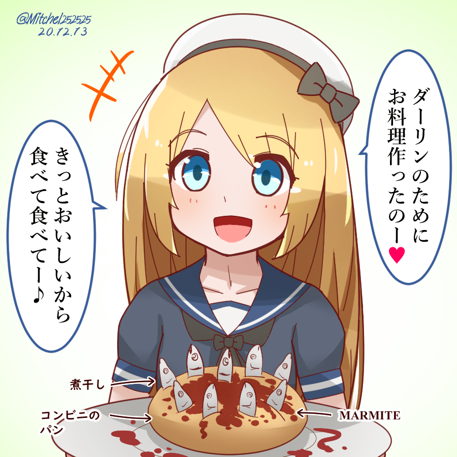 1girl blonde_hair blue_eyes collarbone commentary_request dated dress food gradient gradient_background hat jervis_(kancolle) kantai_collection mitchell_(dynxcb25) open_mouth plate sailor_dress sailor_hat smile solo stargazy_pie translation_request twitter_username upper_body