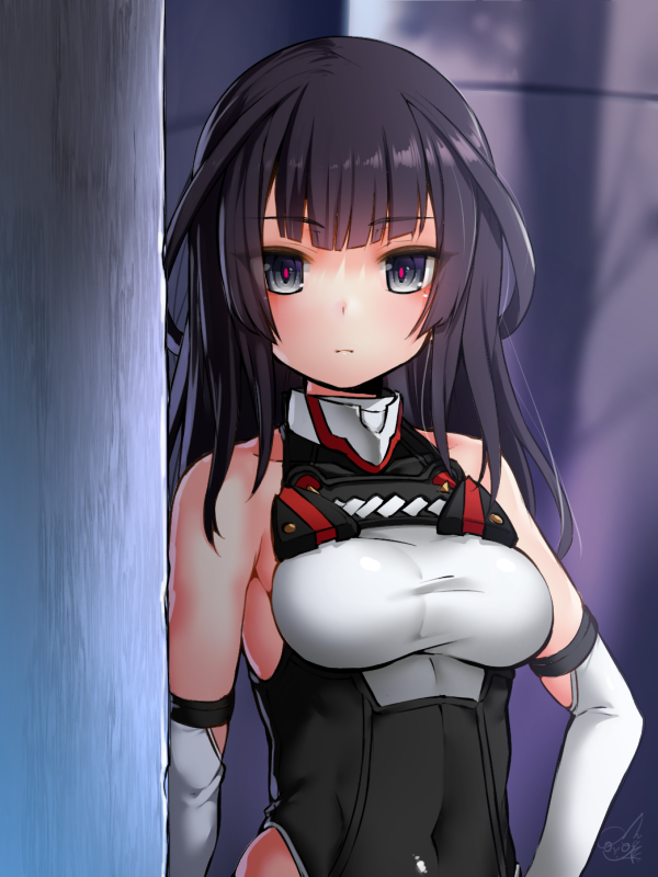 1girl agatsuma_kaede alice_gear_aegis bangs bare_shoulders black_eyes blunt_bangs blush closed_mouth commentary_request covered_navel doyouwantto elbow_gloves gloves leotard long_hair looking_at_viewer signature solo white_gloves