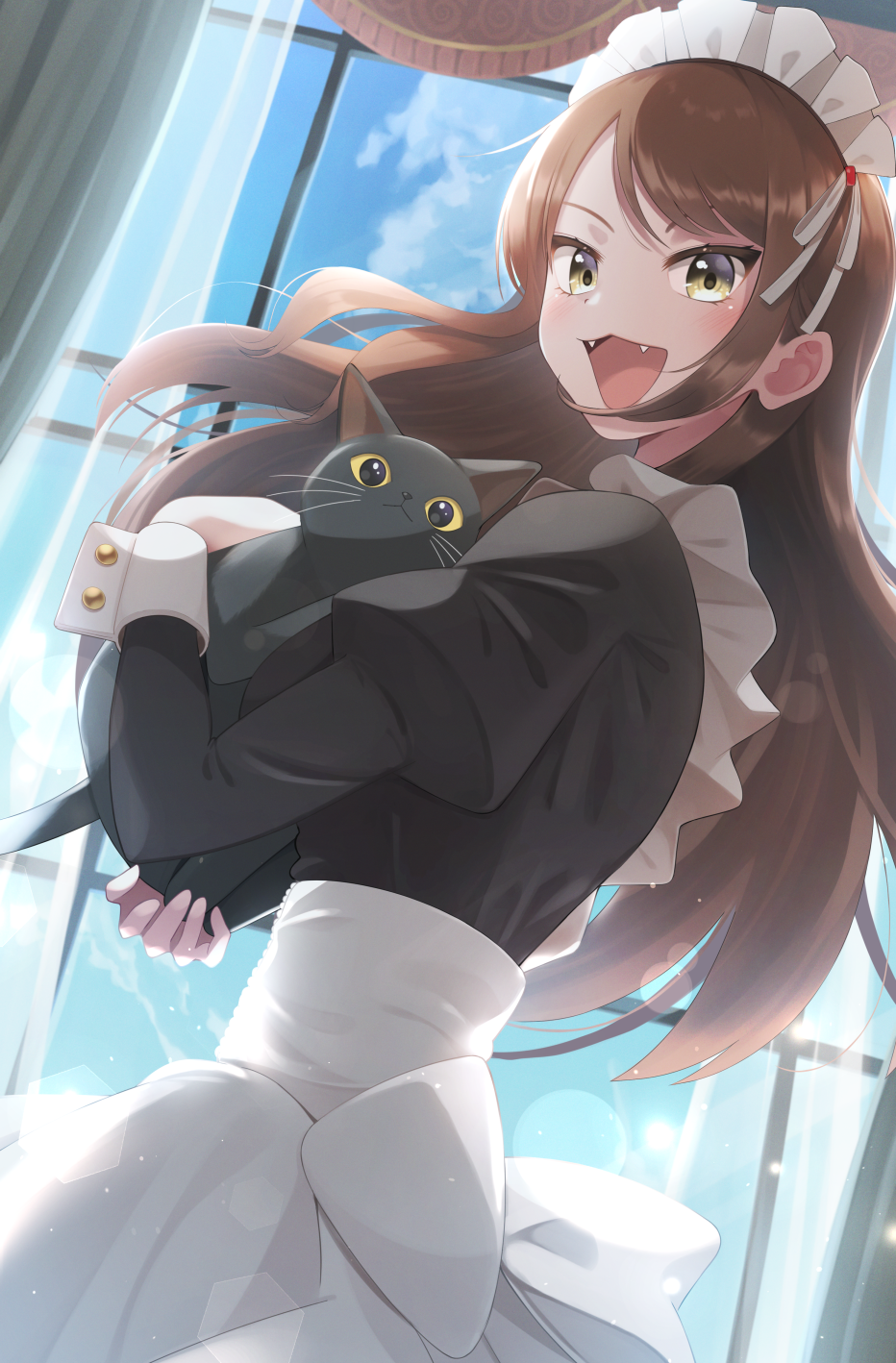 1girl :3 :d animal apron back_bow bangs black_cat black_eyes blue_sky blush bow breasts brown_hair cat character_request clouds colored_sclera commentary_request copyright_request curtains day dutch_angle fangs from_side happy highres holding holding_animal holding_cat indoors juliet_sleeves lens_flare long_hair long_sleeves looking_at_viewer looking_to_the_side maid maid_apron maid_headdress medium_breasts open_mouth otyaduke puffy_sleeves shiny shiny_hair sidelocks sky smile solo standing swept_bangs upper_body virtual_youtuber waist_apron white_apron white_bow window yellow_eyes yellow_sclera