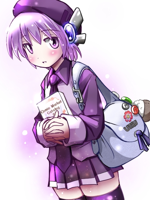 1girl bag bangs beret blush book collared_shirt cowboy_shot dress_shirt dutch_angle eichi1219 eyebrows_visible_through_hair hands_clasped hat holding holding_book long_sleeves looking_at_viewer medium_hair necktie open_mouth own_hands_together pleated_skirt print_headwear purple_hair purple_headwear purple_legwear purple_neckwear purple_shirt purple_skirt robot robot_ears shiny shiny_clothes shiny_hair shiny_skin shirt short_hair shoulder_bag simple_background skirt solo thigh-highs two-tone_shirt upper_body utane_uta utau violet_eyes white_background zettai_ryouiki