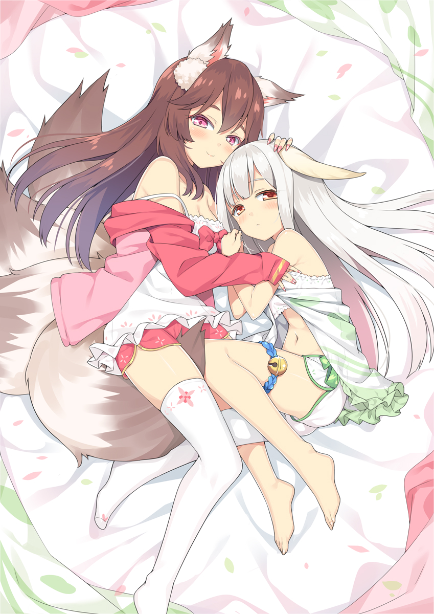 2girls animal_ear_fluff animal_ears bangs bare_shoulders barefoot bed_sheet bell blush brown_eyes brown_hair camisole chinese_commentary closed_mouth commentary_request eyebrows_visible_through_hair hand_on_another's_head hatsunatsu highres jacket jingle_bell long_hair long_sleeves lying multiple_girls nail_polish navel no_shoes on_side open_clothes open_jacket original petals pink_eyes pink_jacket pink_nails red_shorts short_shorts shorts silver_hair sleeves_past_wrists smile strap_slip tail thigh-highs very_long_hair white_camisole white_legwear