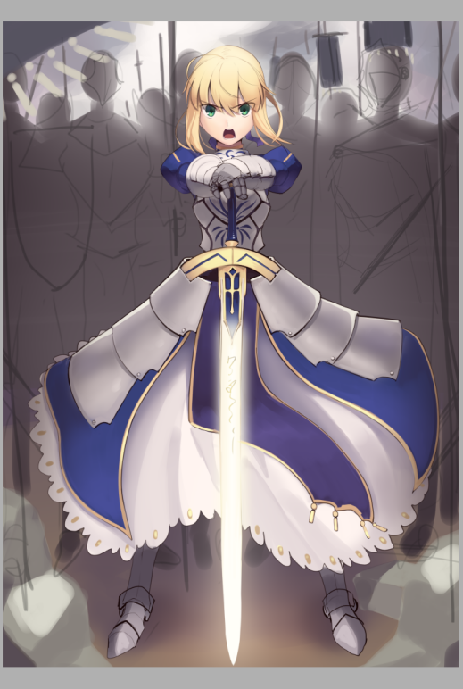 1girl ahoge armor armored_dress artoria_pendragon_(all) blonde_hair boa_(brianoa) commentary excalibur_(fate/stay_night) fate/stay_night fate_(series) gauntlets green_eyes looking_at_viewer open_mouth ponytail saber short_hair sword weapon