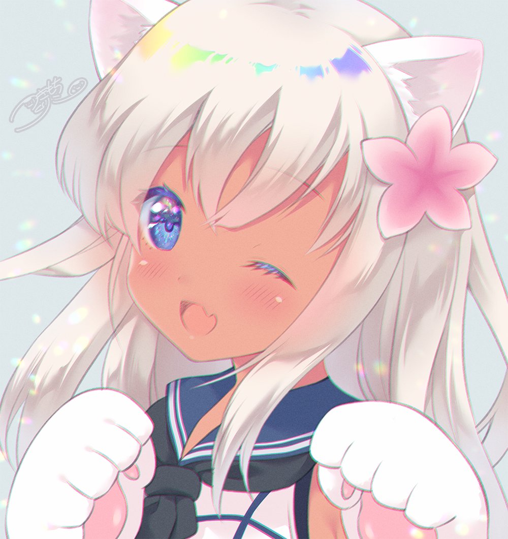 1girl animal_ears black_neckwear blonde_hair blue_eyes blue_sailor_collar cat_day cat_ears crop_top fang flower gloves hair_flower hair_ornament kantai_collection long_hair looking_at_viewer neckerchief one_eye_closed open_mouth paw_gloves paws ro-500_(kancolle) sailor_collar school_uniform serafuku signature skin_fang sleeveless smile solo tan tsukimochikuriko_(tsukimochi_k) upper_body