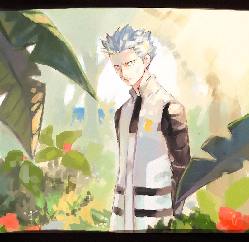 1boy arms_behind_back closed_mouth coat cyrus_(pokemon) day flower foliage grey_hair leaf looking_at_viewer male_focus outdoors p-40_(tukinosita-de) pokemon pokemon_(game) pokemon_dppt red_flower solo spiky_hair team_galactic tree